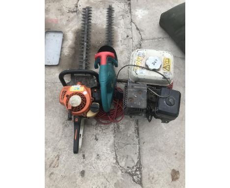 A PETROL ENGINE, AN ELECTRIC HEDGE CUTTER AND A PETROL HEDGE CUTTER (WITH COMPRESSION) FOR SPARES OR REPAIR 