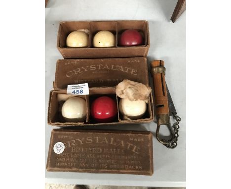 TWO SETS OF VINTAGE BOXED CRYSTALATE BILLIARD BALLS AND A CUE TIP FIXER 