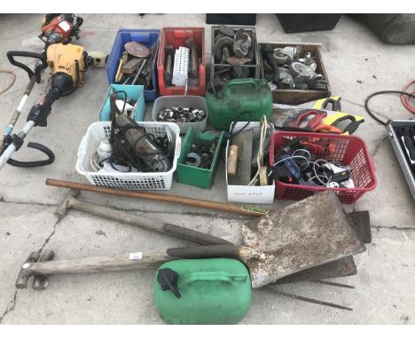 A LARGE COLLECTION TO GARDEN TOOLS, CASTERS, WHEELS, SOCKETS ETC 