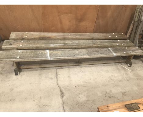 A VINTAGE WOODEN SCHOOL GYM BENCH 266CM LONG 