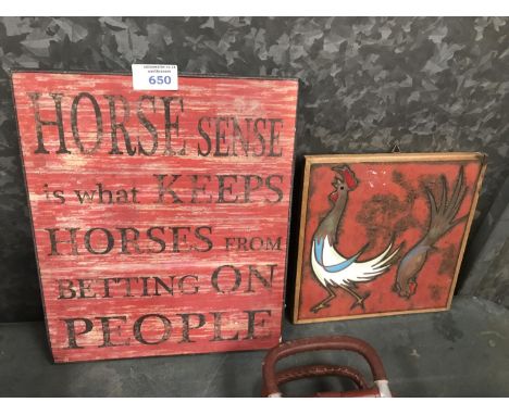 A COCKERILL TILE AND A HORSE SIGN 