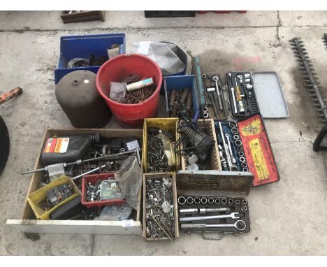 A LARGE QUANTITY OF TOOLS AND HARDWARE TO INCLUDE SOCKET SETS, NAILS, SCREWS ETC 