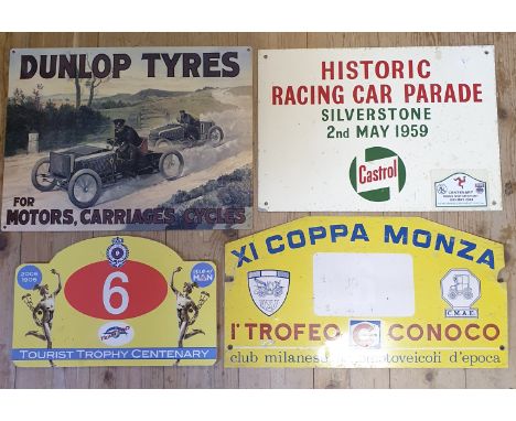 A vintage tin information sign, Castrol HISTORIC RACING CAR PARADE SILVERSTONE 2 May 1959, with applied plaque Centenary Manx