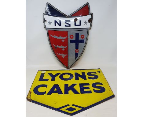 An NSU enamel sign, in the form of a shield, some chips/loss, 43 cm high x 33 cm wide, and a Lyons' Cakes double sided enamel