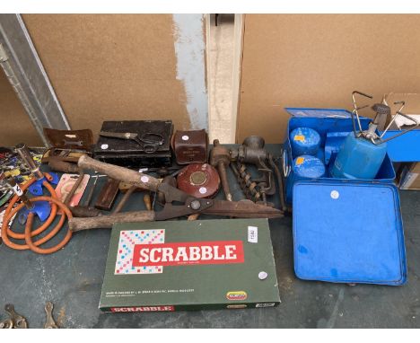 A LARGE ASSORTMENT OF TOOLS TYO INCLUDE A CAMPING STOVE, SHEARS AND A TAPE MEASURE ETC 