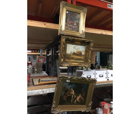 THREE GILT FRAMED PICTURES TO INCLUDE OIL ON BOARD AND A PRINT 