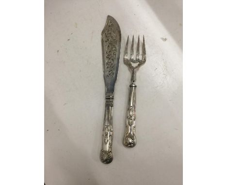 A SILVER PLATED FISH KNIFE AND FORK SERVING SET 