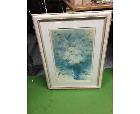 A FRAMED PRINT OF WHITE CHRYSANTHEMUMS BY SHIRLEY FELTS 