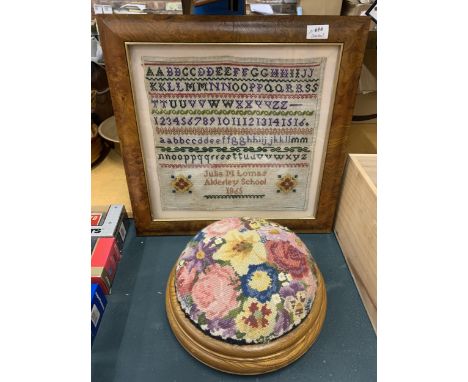 A FRAMED TAPESTRY MADE BY JULIA LOMAS 1865 AND A TAPESTRY COVERED FOOTSTOOL 