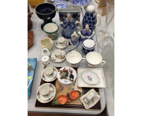 A COLLECTION OF CERAMIC ITEMS TO INCLUDE, A WOODS LITTLE OLD LADY TEAPOT, SUGAR BOWL AND CREAM JUG, CHINA CUPS AND SAUCERS, P