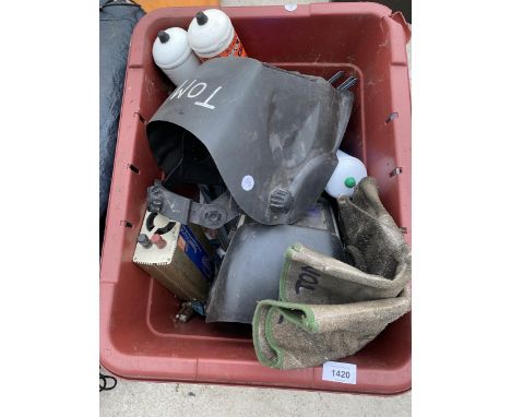 AN ASSORTMENT OF TOOLS TO INCLUDE TWO WELDING MASKS, WELDING GAS AND SPANNERS ETC 