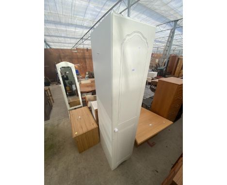 A NARROW WHITE SINGLE DOOR WARDROBE, 15.5" WIDE 