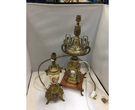 TWO DECORATIVE GILDED AND CERAMIC LAMPS ONE ON AN ONYX BASE 