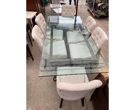 A MODERN DINING TABLE WITH BEVEL GLASS TOP, 87 X 41", ON METALWARE BASE, COMPLETE WITH SIX BUTTON BACK DINING CHAIRS 