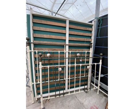 A VICTORIAN STYLE BRASS, IRON AND CERAMIC BEDSTAD, 4'6" 