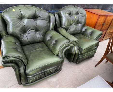 A PAIR OF GREEN LEATHER BUTTON-BACK EASY CHAIRS 
