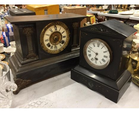 A MAHOGANY CASED MANTLE CLOCK WITH COLUMN DECORATION, MISSING GLASS TO FACE, AND A BLACK SLATE MANTLE CLOCK WITH FRONT FLORAL