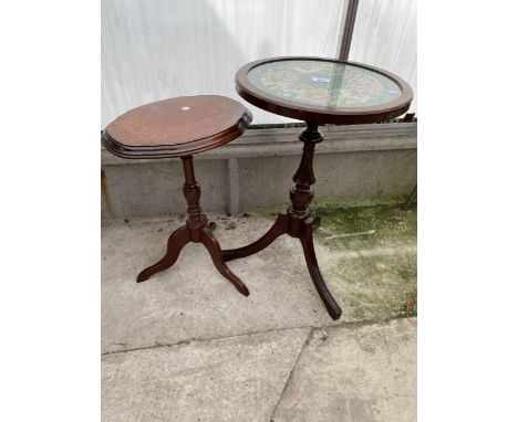 A TRIPOD TABLE WITH TAPESTRY AND GLASS TOP, 15.5" DIAMETER, AND A SMALL WINE TABLE 