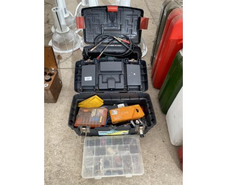 TWO TOOL BOXES CONTAINING AN ASSORTMENT OF TOOLS TO INCLUDE DREMEL DRILLS AND DREMEL DRILL BITS ETC 