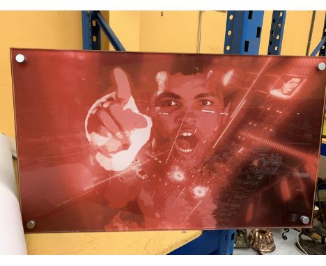 A HEAVILY LAMINATED AND WALL MOUNTED PRINT OF MUHAMMAD ALI WITH CAPTION 'IF YOU EVEN DREAM OF BEATING ME YOU'D BETTER WAKE UP