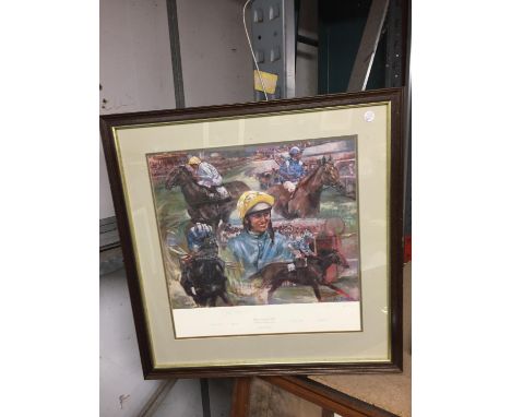 A FRAMED PRINT BY CLAIRE EVA BURTON OF WILLIE CARSON RIDING HIS FOUR DERBY WINNERS SIGNED BY THE SUBJECT AND THE ARTIST 