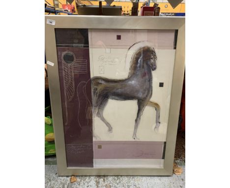 A FRAMED PRINT OF A PRANCING HORSE 
