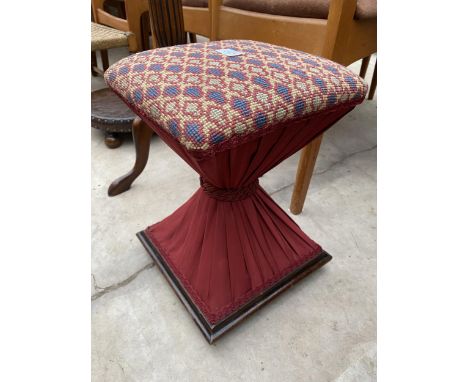 A VICTORIAN EGG TIMER SHAPED STOOL WITH WOOLWORK SEAT, 11" SQUARE 