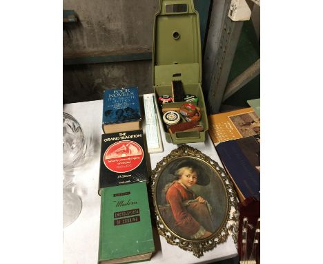 A SHOE SHINING KIT, OVAL FRAMED PRINT, BOXED SLIDE RULE AND THREE BOOKS 