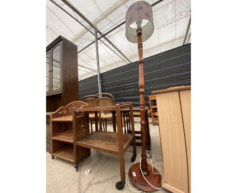 A MODERN STANDARD LAMP COMPLETE WITH SHADE, AN OAK TWO TIER TROLLEY AND WICKER FOLDING SHELVES 