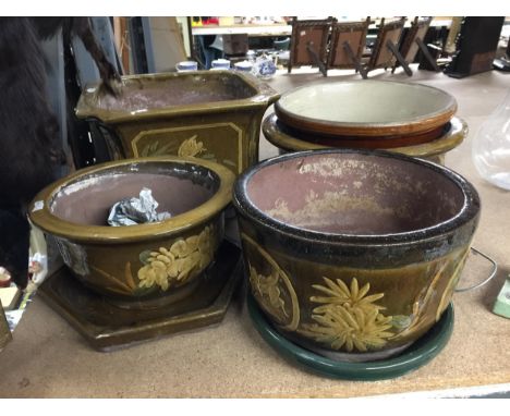 FIVE CERAMIC PLANTERS, TWO WITH BASES 