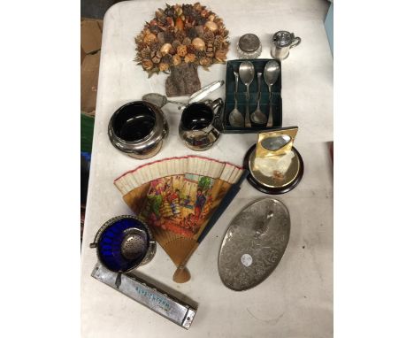 A HARMONICA, SILVER PLATED MUSTARD POT, JAR, FAN, SPOONS, ETC 