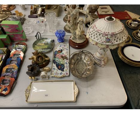 AN AMOUNT OF ITEMS TO INCLUDE, A PORCELAIN LAMP , A CERAMIC ORNAMENT OF A GIRL ON A SWING, A BIRD ORNAMENT, PLATES, ETC 