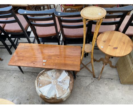A COFFEE TABLE, TRIPOD TABLE, POUFFE AND JARDINIERE STAND 