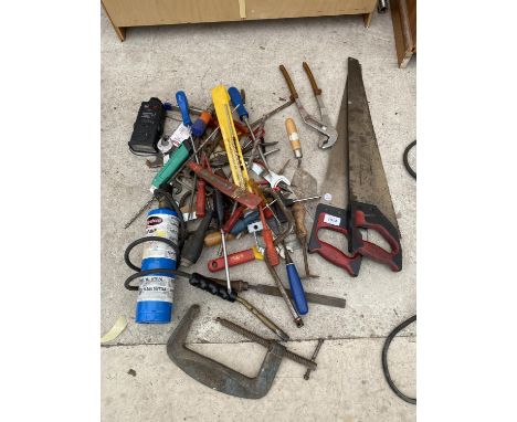 AN ASSORTMENT OF TOOLS TO INCLUDE A G CLAMP, CHISELS AND PLIERS ETC 
