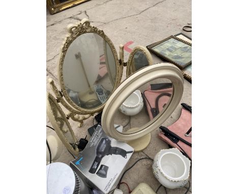 AN ASSORTMENT OF ITEMS TO INCLUDE TWO MIRRORS, A BRASS FIRESIDE COMPANION SET AND A RETRO PUSH BUTTON PHONE ETC 