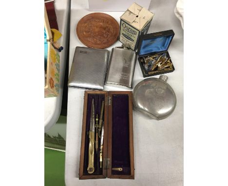 A COLLECTION OF ITEMS TO INCLUDE, HIP FLASKS, CUFFLINKS TIE PINS, DRAWING SET, ETC 