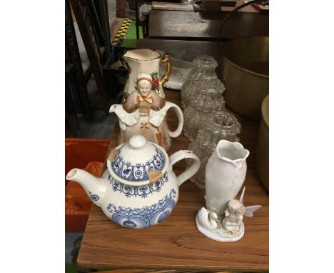 EIGHT IEMS TO INCLUDE THREE GLASS LAMP SHADES AND FIVE CERAMIC ITEMS - TEAPOTS, JUGS ETC 