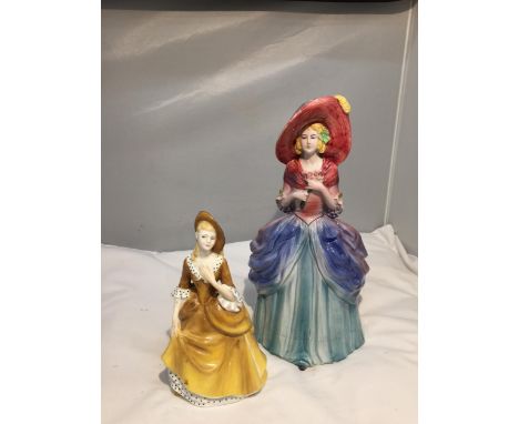 TWO CERAMIC FIGURES TO INCLUDE A ROYAL DOULTON 'SANDRA' HN2275 AND A TALLER CERAMIC FIGURE OF A LADY HOLDING FLOWERS 