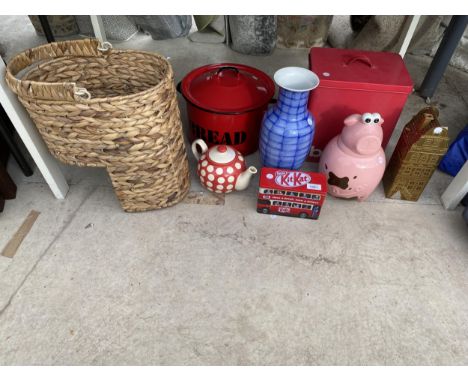 AN ASSORTMENT OF ITEMS TO INCLUDE AN ENAMEL BREAD BIN, A CERAMIC TEAPOT AND A PIG BISCUIT BARREL ETC 