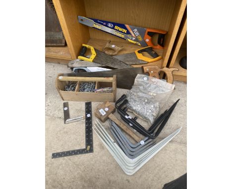 AN ASSORTMENT OF HAND TOOLS TO INCLUDE SAWS, BRACKETS AND NAILS ETC 
