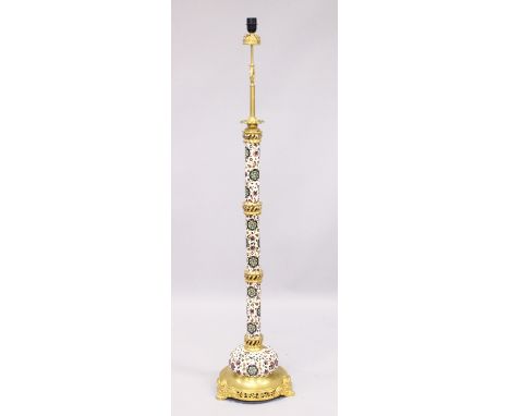 A GOOD RARE ZSOLNAY&nbsp;PORCELAIN AND GILDED METAL STANDING LAMP, painted with flowers.6ft 1in high.