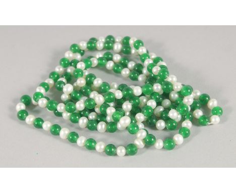A PEARL AND JADE BEAD NECKLACE. 118cm long