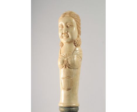 A WALKING STICK WITH CARVED BONE HANDLE modelled as a woman.