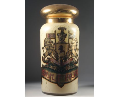 A GOOD LARGE VICTORIAN OPAQUE GLASS CHEMISTS JAR "SULPHUR", with gilded glass cover,m gilded and painted armorial. 26ins high