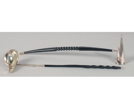 A SILVER TODDY LADLE AND CANDLE SNUFFER.