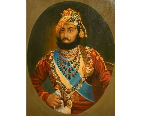 AN EARLY 20TH CENTURY INDIAN SCHOOL, A HEAD AND SHOULDERS PORTRAIT OF A MAHARAJAH, oil on canvas, painted as an oval, 24.5" x