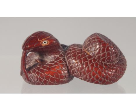 A CARVED WOOD NETSUKE modelled as a snake. 5.5cm long.