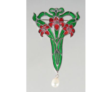 A SILVER ENAMEL ART DECO DESIGN BROOCH.