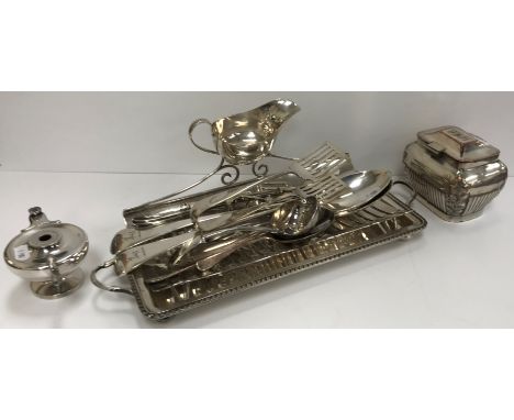 A collection of various plated wares to include asparagus dish with liner, tongs and butter boat, a plated on copper tea cadd
