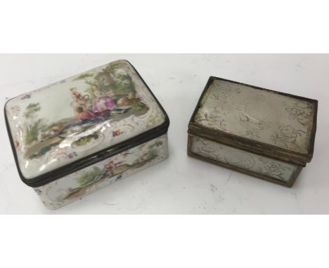 A 19th Century Continental porcelain rectangular lidded box, the top painted with figures in a garden setting with sheep, goa